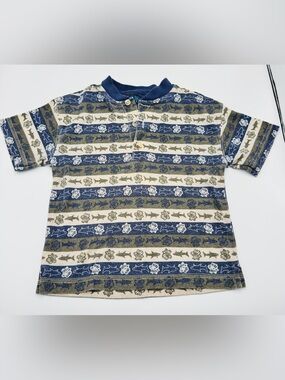 Boys Vintage Y2K Navy & Green Striped Fish Pattern Three Button T-shirt Size 4